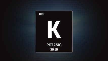 3D illustration of Potassium as Element 19 of the Periodic Table. Grey illuminated atom design background with orbiting electrons. Name, atomic weight, element number in Spanish language