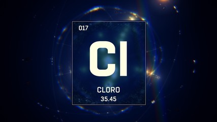 3D illustration of Chlorine as Element 17 of the Periodic Table. Blue illuminated atom design background with orbiting electrons. Name, atomic weight, element number in Spanish language