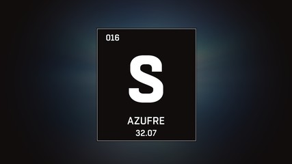 3D illustration of Sulfur as Element 16 of the Periodic Table. Grey illuminated atom design background with orbiting electrons. Name, atomic weight, element number in Spanish language
