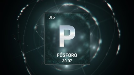 3D illustration of Phosphorus as Element 15 of the Periodic Table. Green illuminated atom design background with orbiting electrons. Name, atomic weight, element number in Spanish language