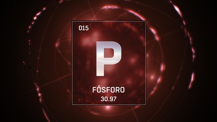 3D illustration of Phosphorus as Element 15 of the Periodic Table. Red illuminated atom design background with orbiting electrons. Name, atomic weight, element number in Spanish language