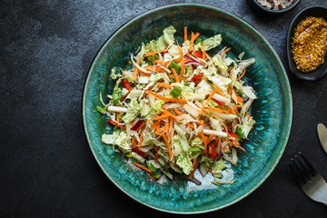 healthy vegetable salad (Chinese cabbage, carrot, onion, lettuce, mix salad, pumpkin) menu concept. food background. top view. copy space