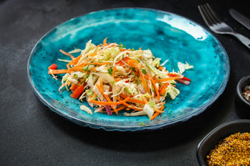 healthy vegetable salad (Chinese cabbage, carrot, onion, lettuce, mix salad, pumpkin) menu concept. food background. top view. copy space