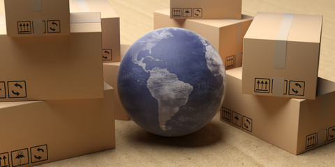 Cardboard packages and earth globe on industrial floor. 3d illustration