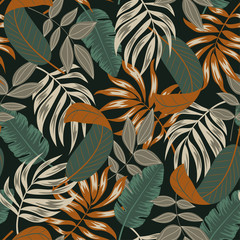 Seamless pattern with tropical leaves on dark background. Trendy summer Hawaii print. Floral pattern. Vector background for various surface. Jungle leaves. Hand draw texture.