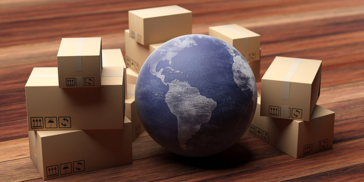 Cardboard moving packages and earth globe on wood home floor. 3d illustration