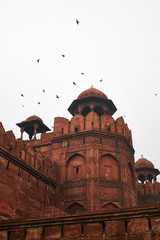 Red Fort or Lal Qila in Delhi, India. Ancient Fort made of red sandstone with flock of birds in the blue sky. Architecture of India