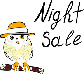 cute character owl in hat and night sale lettering  on white background. Concept for print, web design, cards, label