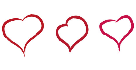 Set of red hearts icons drawn by hand