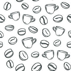 Vector white seamless background (pattern) with coffee beans and cups