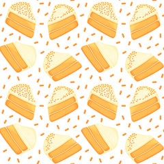 Carrot cake slice cartoon style vector illustration seamless pattern, isolated colorful piece of delicious cake.