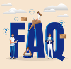 FAQ and Q&A vector illustration concept, people asking to online support center via smartphone and laptop, can use for landing page template, ui, web, mobile app, poster, banner, flyer. Characters