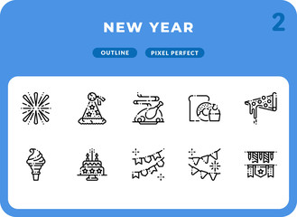 New Year Dashed Outline Icons Pack for UI. Pixel perfect thin line vector icon set for web design and website application.