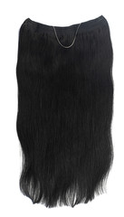 Natural human brunete hair extensions, space for text. Multicolor straight and curly tape in colorful remy. Tail for women.