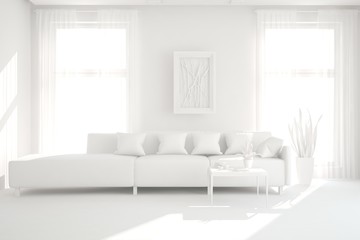 Mock up of stylish room in white color with sofa. Scandinavian interior design. 3D illustration
