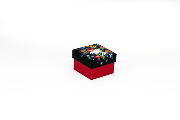 Gift boxes glued with colored paper with bows, isolate