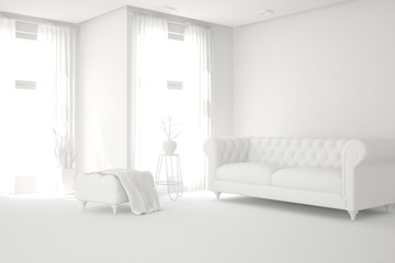 Fototapeta na wymiar Mock up of stylish room in white color with sofa. Scandinavian interior design. 3D illustration