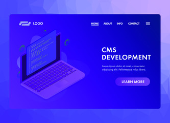 Website CMS (content management system) development UI UX web vector template or landing page concept. Programming and installation cms for website managing. Isometric laptop with programmer code