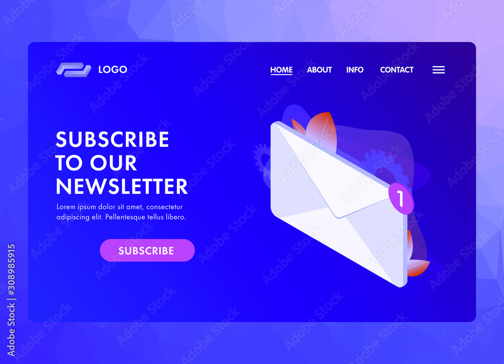 Poster subscribe to our newsletter ui ux web template or landing page vector illustration. isometric mail e