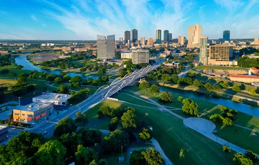 Poster de jardin Skyline Vue aérienne du centre-ville de Fort Worth Blue Sky