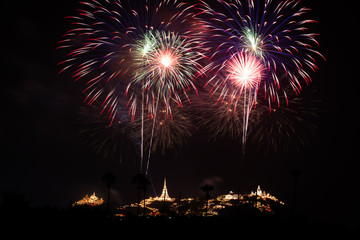 Fototapeta na wymiar Fireworks at Phra-Nakhon-Khiri Phetchaburi celebration festival