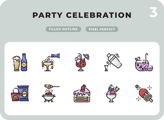 Party Celebration Filled Icons Pack for UI. Pixel perfect thin line vector icon set for web design and website application.