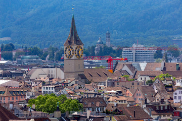 Naklejka premium Aerial view of city rooftops and towers. Zurich. Switzerland.