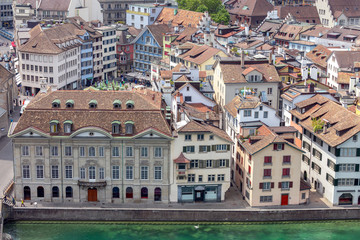 Aerial view of city rooftops and towers. Zurich. Switzerland.
