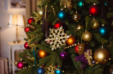 Fototapeta na wymiar Christmas tree decoration balls in the cosy home room
