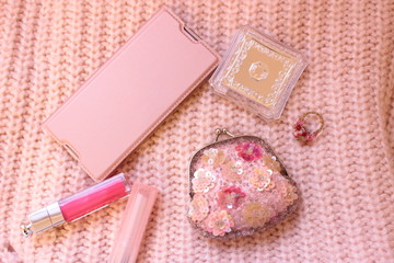 pink girly goods lipsticks ring purse etc