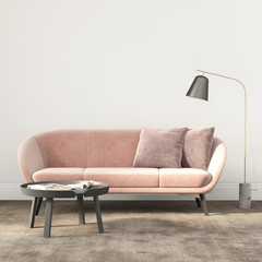 Salmon red sofa with a side table and floor lamp