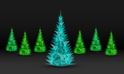 Christmas trees made of triangles on a dark gradient background. Spruce forest. Vector illustration.