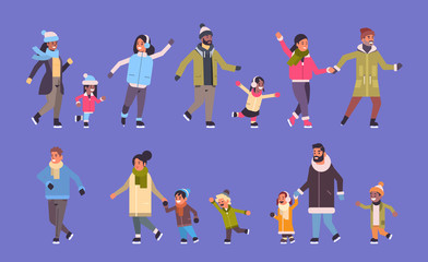 Fototapeta premium set people skating on ice rink winter sport activity recreation at holidays concept mix race parents with children spending time together full length horizontal banner vector illustration