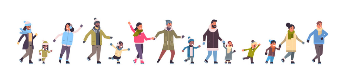 people skating on ice rink winter sport activity recreation at holidays concept mix race parents with children spending time together full length horizontal banner vector illustration © mast3r