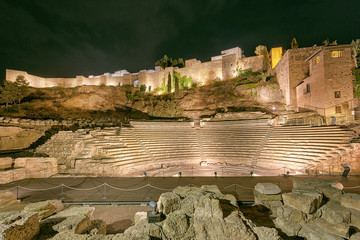 Roman Theatre in Malaga, Spain at night