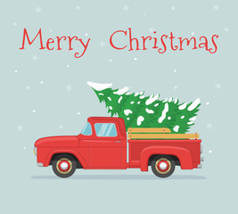 Old red retro pickup with christmas tree © OWLISKO DESIGN