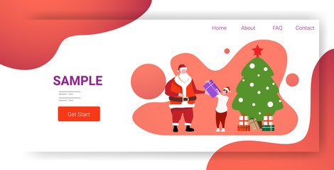 santa claus giving present gift box to little boy merry christmas happy new year holiday celebration concept horizontal full length copy space vector illustration