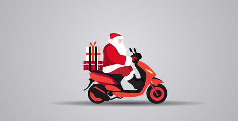 Fototapeta premium santa claus with gift present boxes riding delivery scooter merry christmas happy new year winter holidays celebration concept full length horizontal vector illustration