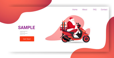 santa claus with gift present boxes riding delivery scooter merry christmas happy new year winter holidays celebration concept full length horizontal copy space vector illustration