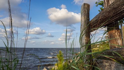 Old fence post overlooking water on windy day
