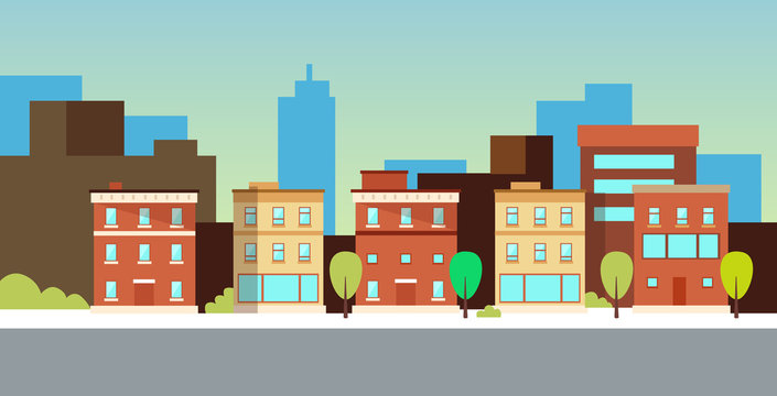 urban landscape or cityscape with buildings modern residential area city street flat horizontal vector illustration