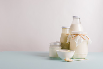 Fermented dairy products. Milk mushroom. Organic probiotic fermented milk products in glass...