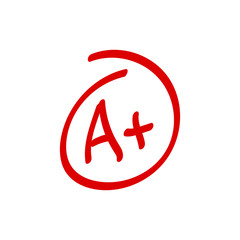 Grade A Plus result icon. School red mark handwriting. A plus in circle isolated on white background. Vector illustration