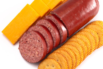 Platter of Summer Sausage Crackers and Cheddar Cheese on a White Background