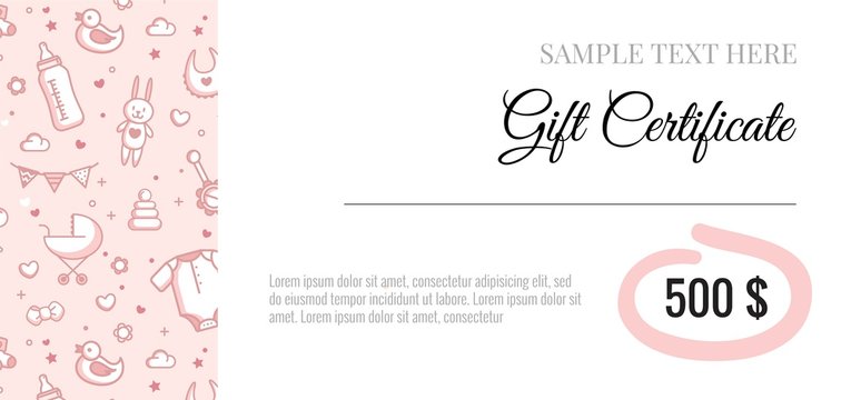 Gift Voucher for Kids and Baby Goods.   Gift certificate for a holiday.  Vector  illustration