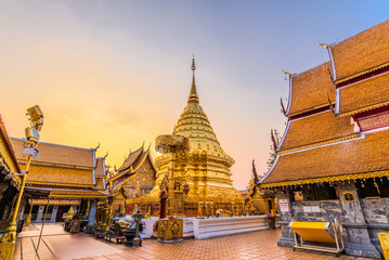 Wat Phra That Doi Suthep with golden morning sky, the most famous temple in Chiang Mai, Thailand - obrazy, fototapety, plakaty