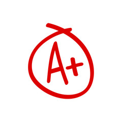 Grade A Plus result icon. School red mark handwriting. A plus in circle isolated on white background. Vector illustration