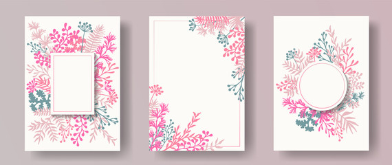 Watercolor herb twigs, tree branches, flowers floral invitation cards templates. Herbal corners creative invitation cards with dandelion flowers, fern, mistletoe, olive branches, savory twigs.