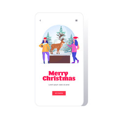 girls couple in santa claus hats near christmas magic ball with reindeer merry christmas happy new year winter holidays celebration concept smartphone screen online mobile app full length vector