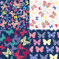 Set of butterflies floral seamless pattern.